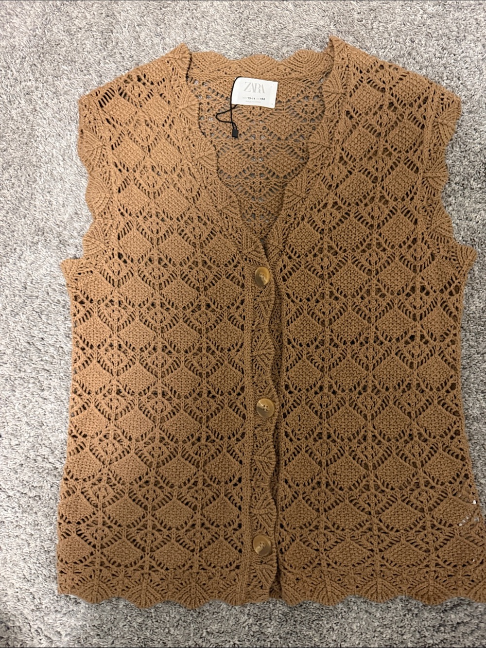 Zara Brown Crochet Button-Front Vest